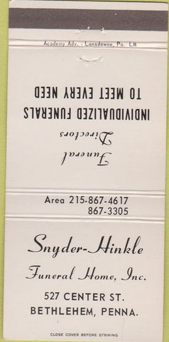 Matchbook Cover - Snyder Hinkle Funeral Home Bethlehem PA 30 Strike