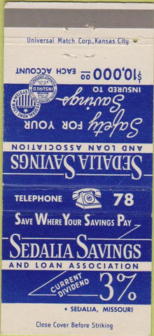 Matchbook Cover - Sedalia Savings Loan MO 30 Strike