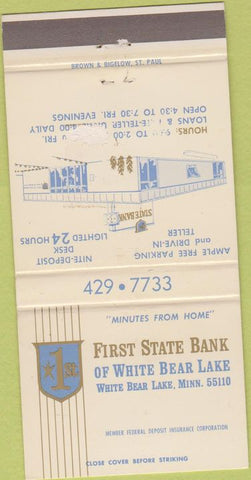 Matchbook Cover - First State Bank White Bear Lake MN Brown Bigelow 30 Strike