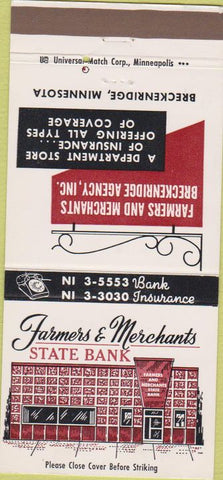 Matchbook Cover - Farmers Merchants Bank Breckenridge MN 30 Strike