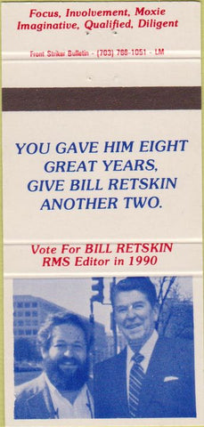 Matchbook Cover - RMS Bill Retskin Ronald Reagan 30 Strike