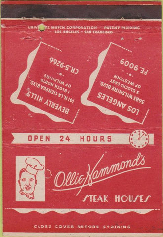 Matchbook Cover - Ollie Hammond's Steak Beverly Hills Los Angeles 40 Strike