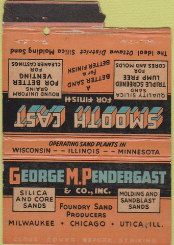 Matchbook Cover - Pendergast Foundry Sand Utica IL POOR STRIKER 40 Strike