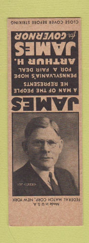 Matchbook Cover - Arthur James for Governor PA Pennsylvania Federal SAMPLE