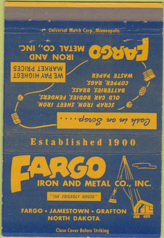 Matchbook Cover - Fargo Iron Metal Grafton Jamestown ND 40 Strike