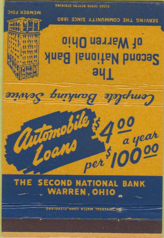 Matchbook Cover - Second National Bank Warren OH 40 Strike