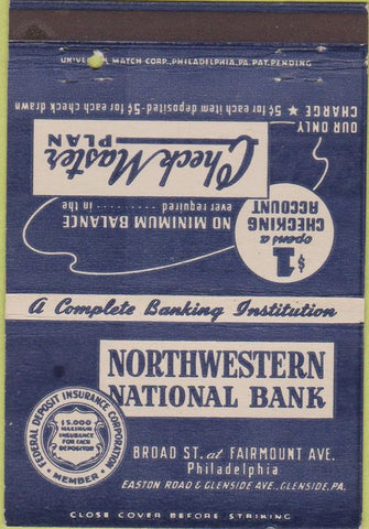 Matchbook Cover - Northwestern National Bank Glenside PA 40 Strike