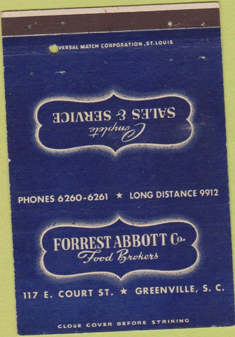 Matchbook Cover - Forrest Abbott Food Brokers Greenville SC 40 Strike