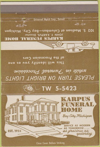 Matchbook Cover - Karpus Funeral Home Bay City MI 40 Strike