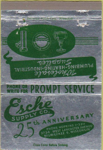 Matchbook Cover - Esche Supply Co Milwaukee WI plumbing heating 40 Strike