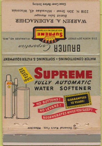 Matchbook Cover - Bruner Water Softeners Milwaukee WI 40 Strike