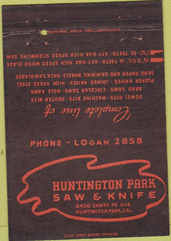 Matchbook Cover - Huntington Park Saw Knife Huntington Park CA 40 Strike
