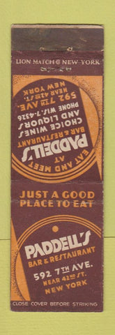Matchbook Cover - Paddell's Restaurant New York City