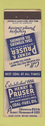 Matchbook Cover - Henry B Pruser Coal Stokers Oil Burners