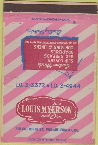 Matchbook Cover - Myerson  and  Son Philadelphia PA linens 40 Strike