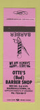Matchbook Cover - Otte's Barber Shop Marshalltown IA PINK