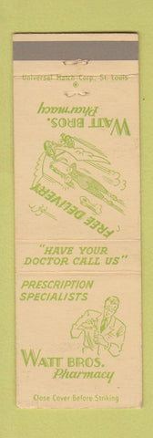Matchbook Cover - Watt Bros Drug St Louis MO
