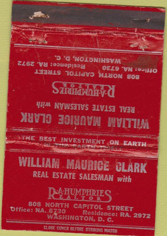 Matchbook Cover - Clark Real Estate Washington DC WORN 40 Strike