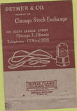 Matchbook Cover - Detmer  and  Co Ticker Tape Stocks Chicago IL 40 Strike