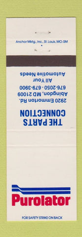 Matchbook Cover - Purolator Oil Fileters Auto Parts Abingdon MD