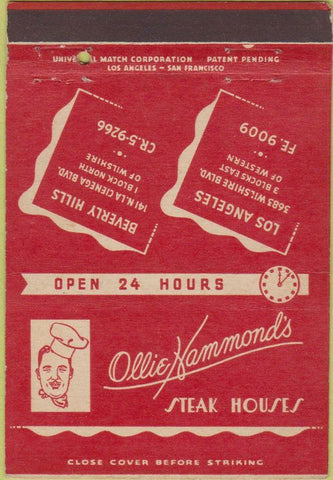 Matchbook Cover - Ollie Hammond's Steak Beverly Hills Los Angeles 40 Strike