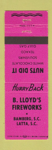 Matchbook Cover - B Lloyd's Fireworks Texaco oil gas Latta Bamberg SC