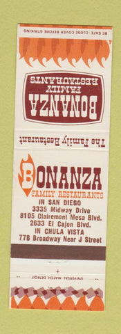 Matchbook Cover - Bonanza Restaurant San Diego Chula Vista CA