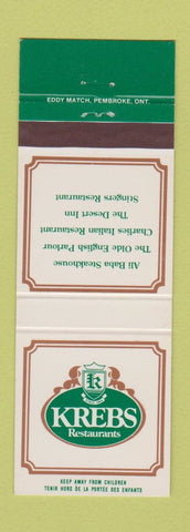 Matchbook Cover - Krebs Restaurants Waterloo London Cambridge Whitby ON