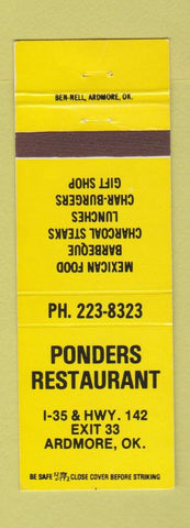 Matchbook Cover - Ponders Restaurant Ardmore OK