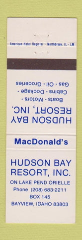 Matchbook Cover - Hudson Bay Resort oil gas boat docks Bayview ID