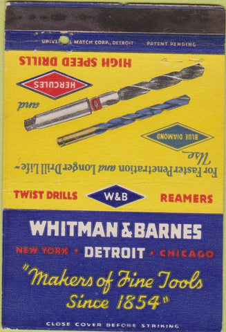 Matchbook Cover - Whitman Barnes Tools Detroit MI NYC Chicago 40 Strike