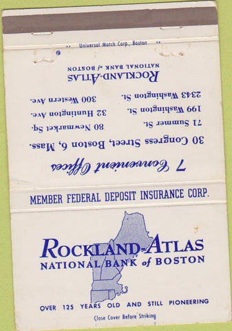 Matchbook Cover - Rockland Atlas Bank Boston MA WEAR 40 Strike