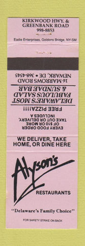 Matchbook Cover - Alyson's Restaurants Neark DE Pizza WEAR