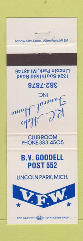 Matchbook Cover - VFW Lincoln Park MI RC Aleks Funeral Home #1