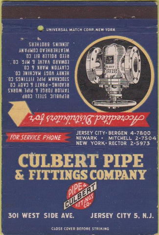 Matchbook Cover - Culbert Pipe Fittings Jersey City NJ 40 Strike