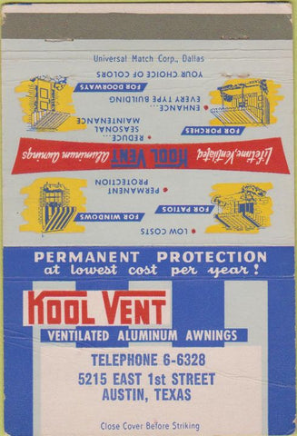 Matchbook Cover - Kool Vent Awnings Austin TX LARGE CREASE 40 Strike