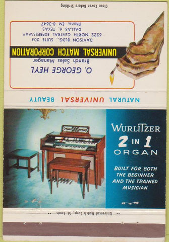Matchbook Cover - Wurlitzer Organ Universal Match Dallas TX 40 Strike