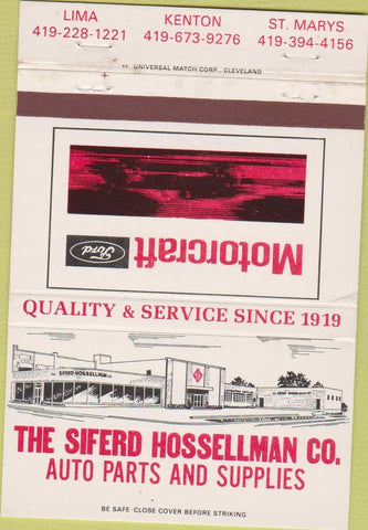 Matchbook Cover - Motorcraft Ford Auto Parts Lima Kenton OH 40 Strike