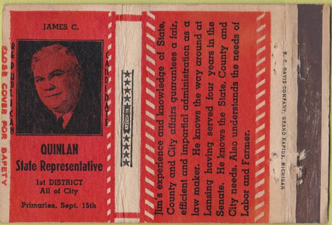 Matchbook Cover - Quinlan State Rep Republican MI? WEAR 40 Strike