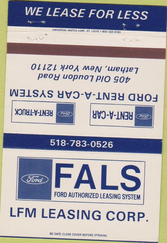 Matchbook Cover - Ford Leasing Rental Latham NY 40 Strike