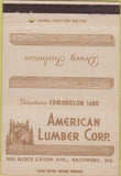 Matchbook Cover - American Lumber Co Baltimore MD 40 Strike