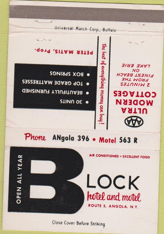 Matchbook Cover - Block Hotel Motel Angola NY 40 Strike
