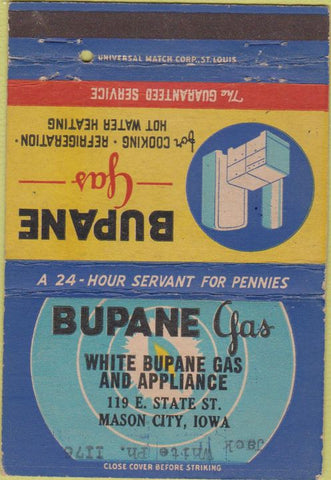 Matchbook Cover - Bupane Gas Mason City IA stoves 40 Strike