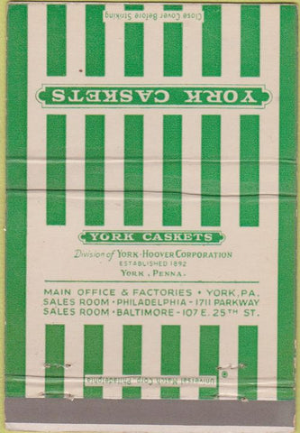 Matchbook Cover - York Caskets York PA  40 Strike
