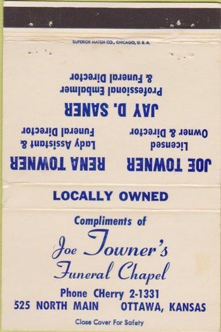 Matchbook Cover - Towner's Funeral Chapel Ottawa KS 40 Strike