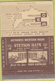 Matchbook Cover - Stetson Hats western wear Cheyenne WY 40 Strike