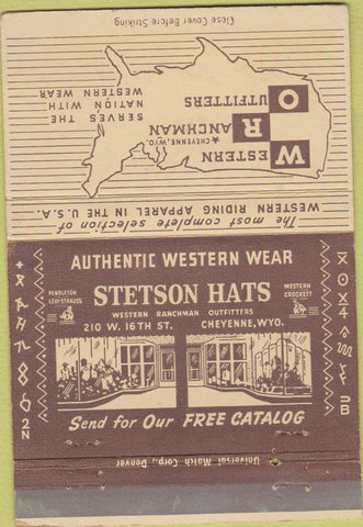 Matchbook Cover - Stetson Hats western wear Cheyenne WY 40 Strike
