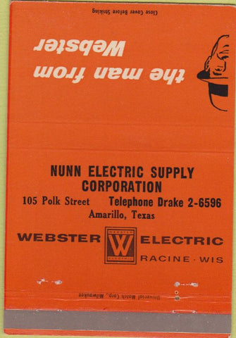Matchbook Cover - Webster Electric Racine WI Amarillo TX 40 Strike