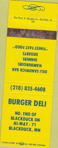 Matchbook Cover - Burger Deli Blackduck MN