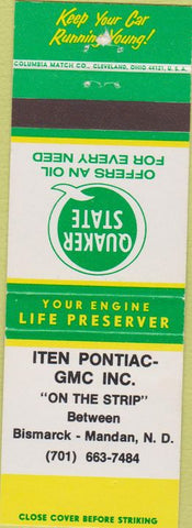 Matchbook Cover - Quaker State oil Bismarck Manden ND GMC Pontiac